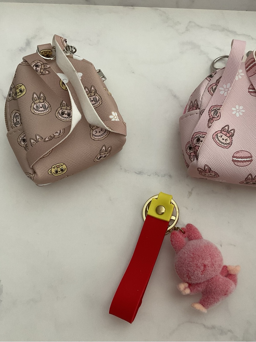 Lot of 2 Labubu Mini Backpack Keychain Charm Pink Girl Tan Boy plus Red Keychain - Picture 6 of 7
